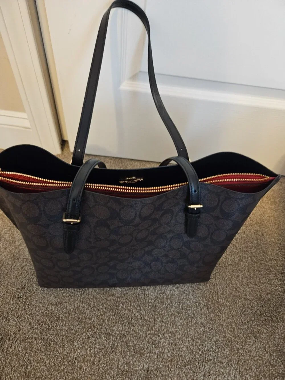 Coach Mollie Tote Bag in Signature Canvas Black Smoke & Red